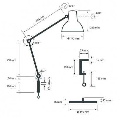 Skärmad Skrivbordslampa | med klämfot | svart | armlängd 110 cm